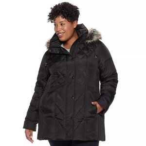London Fog Plus Size Jacket Women 3X Black Quilted Hooded Faux Fur Down